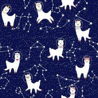 Seamless pattern with lama in a rocket, in space. Lama travels, adventures among the stars. Cute pattern with alpaca vector