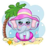 Cute cartoon elephant, children's character in a swimming circle and panama hat, summer, vacation, beach vector