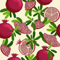 Pomegranate fruit seamless pattern. Bright leaves and fruits, seeds and lobules. Shana Tova seamless pattern vector