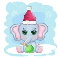 Cute cartoon elephant, childish character with beautiful eyes wearing santa hat, scarf, holding gift, christmas ball vector