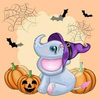 Cute cartoon elephant, childish character in wizard hat with pumpkin, potion or broom. Halloween postcard vector
