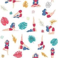 Yoga seamless pattern woman is engaged. Yoga poses, lotus, monstera. Health of mind and body vector