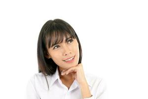 facial expresión joven asiático mujer oficina atuendo blanco antecedentes foto