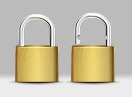 3d realistic vector set of square golden padlock open and closed.