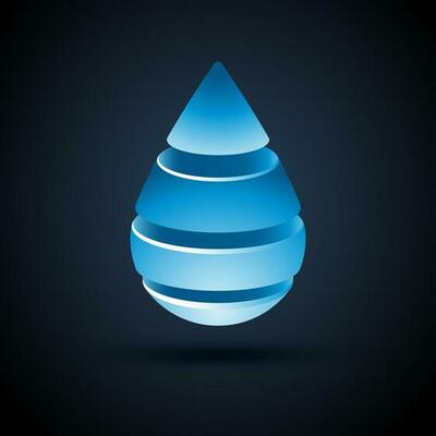 Vector abstract blue water drop logo design with shadow on dark background.