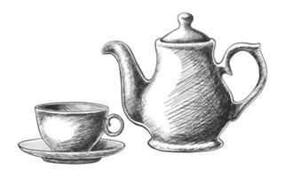 Vector hand drawn tea set with teapot and a cup. Isolated on white background.