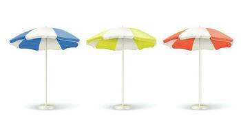 3d realistic vector set of sun shade parasols, umbrellas in red, yellow and blue color. Isolated icon on white background.