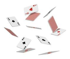 3d realistic vector icon. Flying playing cards of aces of diamonds clubs spades and hearts on white background, falling on the table.