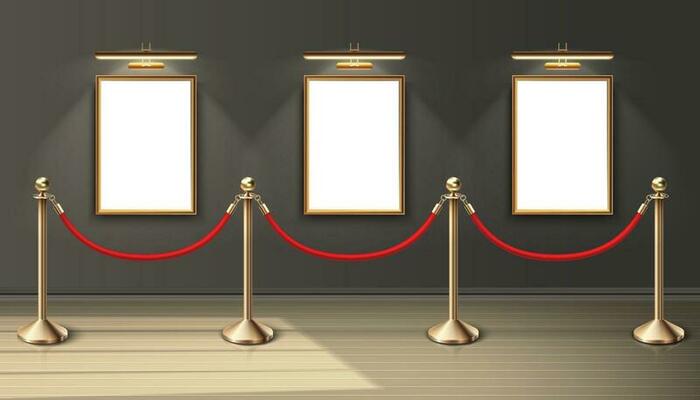 3d realistic vector exhibition museum mock up paintings in vertical positioning on the wall with spot light and red barrier. Blank space for you design. Realistic wooden floor and sunlight.