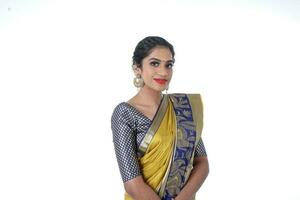 South east Asian Indian race ethnic origin woman wearing Indian dress costume sharee multiracial community on white background photo