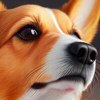 Close-up portrait of dog corgi face in profile. The muzzle of a dog with eyes, pink language, long mustache, black nose. Muzzle of a dog in profile . photo