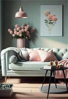 Living Room Interior Design Vintage style, pastel colors. 3D illustration photo