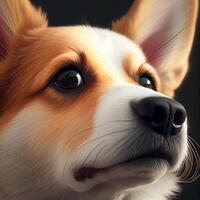 Close-up portrait of dog corgi face in profile. The muzzle of a dog with eyes, pink language, long mustache, black nose. Muzzle of a dog in profile . photo