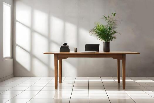 Wooden table mockup on stucco background with branch shadows on the wall created with technology. photo