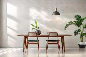 Wooden table mockup on stucco background with branch shadows on the wall created with technology. photo