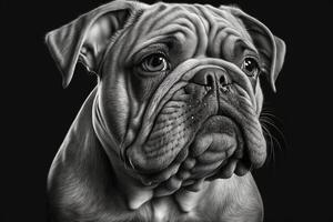 Black and white close-up portrait of bulldog created with photo