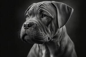 Black and white close-up portrait of bulldog created with photo