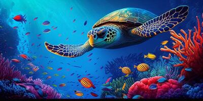 underwater scenery with turtle swim with various little fish and colorful coral created with photo