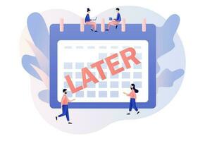 Procrastination concept. Do it later. Tiny people procrastinating instead of working. Unprofitable time spending, useless pastime. Lazy, unproductive. Modern flat cartoon style. Vector illustration