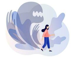 Fear attack concept. Woman runs away from ghosts chasing her. Phobias, anxiety, panic attack. Psychology, solitude, fear or mental health problems, depression. Modern flat cartoon style. Vector