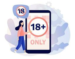 18 restriction sign on smartphone screen. Prohibition sign for people under eighteen years of age. Adult only. Age limit symbol. Modern flat cartoon style. Vector illustration on white background