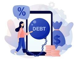 Money debts online concept. Tiny woman chained by huge weight debt metal ball have financial problems. Banking, bankruptcy, finance. Modern flat cartoon style. Vector illustration on white background