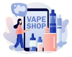 Vape Shop online. Electronic cigarette products. Alternative smoking device. Vaping concept. Analog nicotine intake. Dangerous addiction. Modern flat cartoon style. Vector illustration