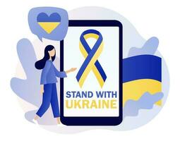 Blue and yellow tape. Ukrainian flag stripe ribbon on smartphone screen. Flag of Ukraine. Stand with Ukraine. Stop war. No war. Modern flat cartoon style. Vector illustration on white background