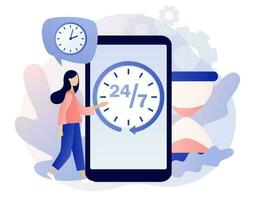 Around clock. 24 hours watch with arrow on smartphone screen. 24-7 support service, open, time, working hours, delivery concept. Modern flat cartoon style. Vector illustration on white background