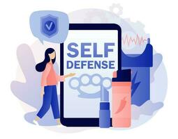 Self defense smartphone app. Electric shock, pepper spray, brass knuckle, knife. Tiny people arming against bandits and hooligans. Modern flat cartoon style. Vector illustration on white background