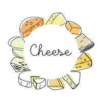 Cheeses vector set in outline with colored elements. Collection different types of cheeses in line art drawing style in round frame.