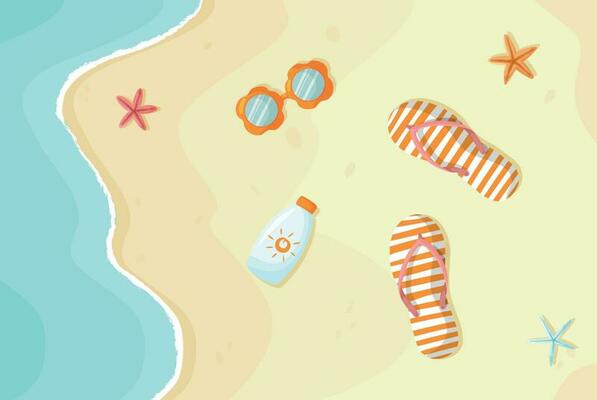 Colorful summer background with flip flops, sea, sunglasses and sun cream. Summer beach background. Beach, sea, yellow sand with slippers and starfish. Vector Illustration.