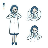 A woman doctor in a lab coat with be quiet hand sign images. vector