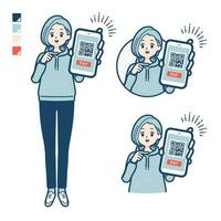 un joven mujer en un capucha con sin efectivo pago en teléfono inteligente imágenes vector