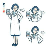 un mujer médico en un laboratorio Saco con sin efectivo pago en teléfono inteligente preocupado imagen vector