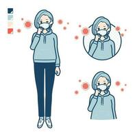 A Young woman in a hoodie with Put on a mask and cough images vector