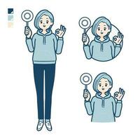 A Young woman in a hoodie with Put out a circle panel images vector