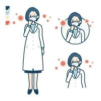 A woman doctor in a lab coat with Put on a mask and cough images vector