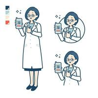 un mujer médico en un laboratorio Saco con sin efectivo pago en teléfono inteligente imágenes vector