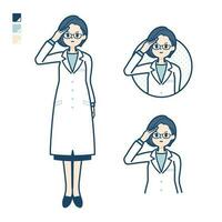un mujer médico en un laboratorio Saco con saludo imágenes vector