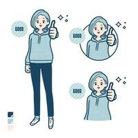 A Young woman in a hoodie with Thumbs up images. vector