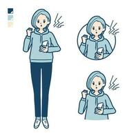 A Young woman in a hoodie with Holding a smartphone and anger images. vector