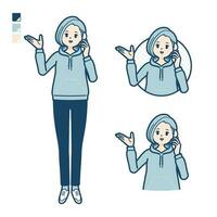 A Young woman in a hoodie with Call on smartphone images vector