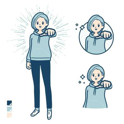 A Young woman in a hoodie with Pointing to the front images