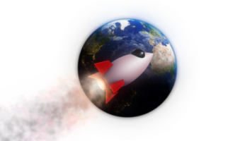 3D Render Rocket Jet And Big Blue Earth Planet Background On Galaxy Space Star Field 3D Illustration png