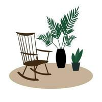 Rocking chairs Nakashima and houseplant palm room interior with carpet Interior without people overlooking. Modern cozy home decor. Flat vector illustration