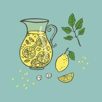 Lemonade. Doodle with lemon drink, whole and piece lemon, mint, ice. Hand drawn. Design element. Art illustration. Vector