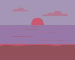 Sunset. Illustration of a seascape with a moon  river and the setting sun in the evening.Calm water and shore.Background image without people. Flat vector