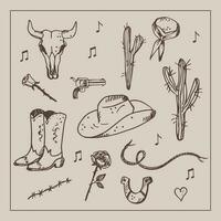 Wild West concept. Various objects. Cowboy theme, western. Boots, pistol, cactus, snake, horseshoe, bandana, skull, rose. Hand drawn. Design element. Vector art illustration.