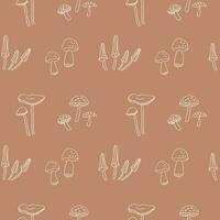 Mushroom. Seamless pattern with mushrooms. Repeating background with fly agaric, fungus, boletus, forest motif. For packaging, textile, print, template, card. Decorative ornament. Hand drawn. vector